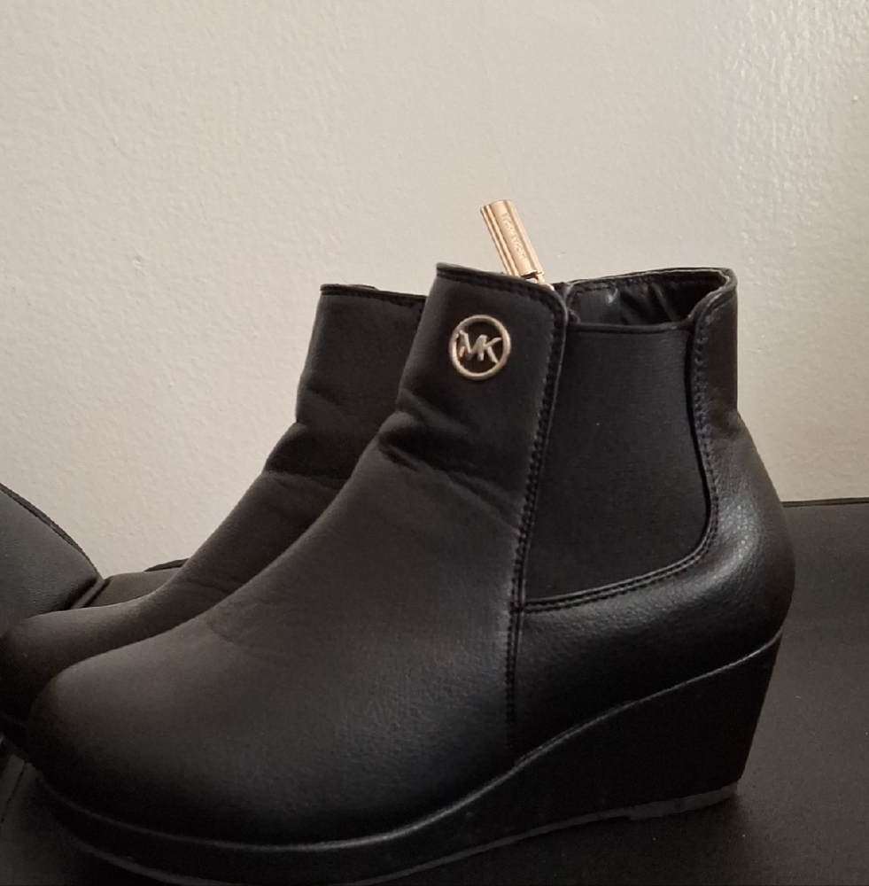 Michael Kors Black Wedge Boots with Gold Accent